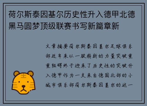 荷尔斯泰因基尔历史性升入德甲北德黑马圆梦顶级联赛书写新篇章新 荷尔斯泰因基尔历史性升入德甲北德黑马圆梦顶级联赛书写新篇章新